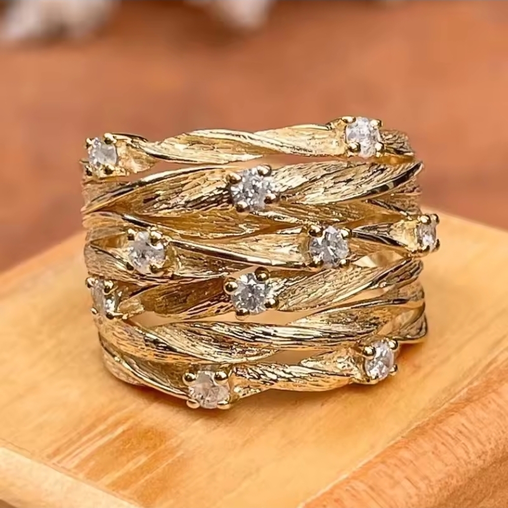 Gold-Tone Braided Multi-Band Ring with Sparkling Accents - Picture 6 of 11
